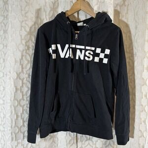 Vans Hoodie Mens Medium Black Full Zip Fleece Sweatshirt Big Logo Graphic Skate